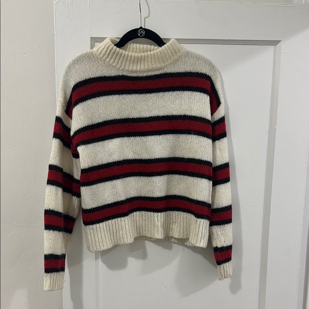 Red and Black Cowl Neck Sweater with Stripes